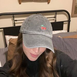 Brandy Melville Gray Red Cherry Graphic Baseball Cap Hat — OS